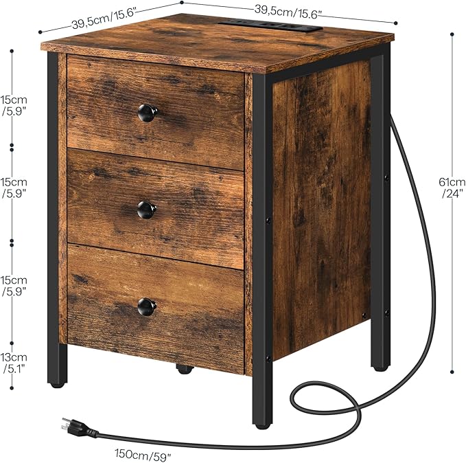 HOOBRO Nightstand with Charging Station, Side Table with 3 Drawers and Storage Shelf, End Table with USB Port, Retro Industrial Style Bedside Table, for Living Room, Bedroom, Rustic Brown BF461BZ01G2