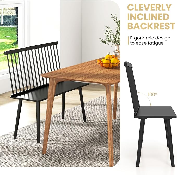 Giantex Dining Bench with Back, Black Windsor Bench with Spindle Back & Anti-Slip Foot Pads, Farmhouse Rubber Wood Dining Bench, Indoor Wooden Entryway Bench for Living Room, Dining Room, Hallway
