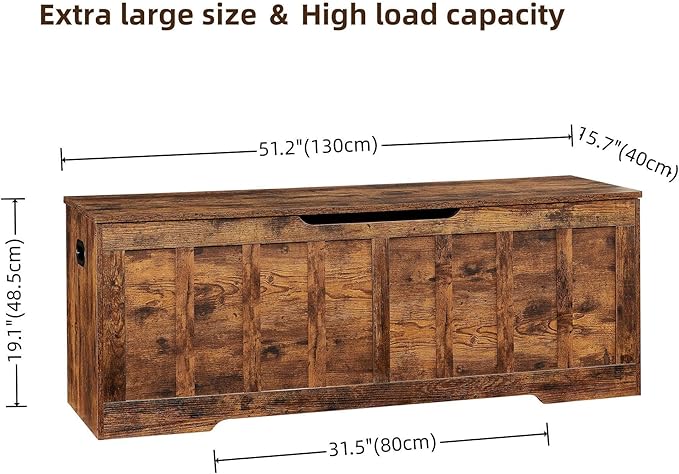 VANKILEY 51.2"Storage chest extra large,storage bench with 2 safety hinges,Shoe Bench,51.2*15.7*19.1inches,wooden trunk for bedroom,livingroom,entryway,Supports 220 lb,Easy Assembly(Rustic brown)
