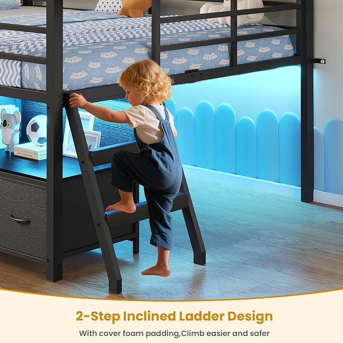 ADORNEVE Low Loft Bed Full Size with 7 Storage Drawers, Bookcase and LED Lights, Metal Kids Loft Bed with 14" H Safety Guardrail,Inclined Ladder and Play Curtain, Under-Bed Play Space, Black