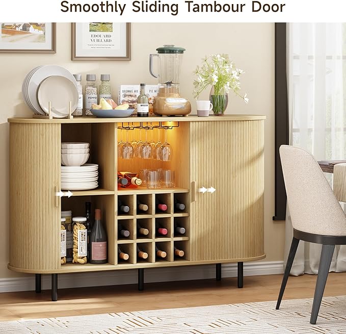 ONBRILL 55" Wine Bar Cabinet with LED Light,Modern Liquor Whiskey Coffee Station with Wine Rack and Glass Holder, Farmhouse Buffet Sideboard with Storage for Living Room, Kitchen, Entryway (Oak)