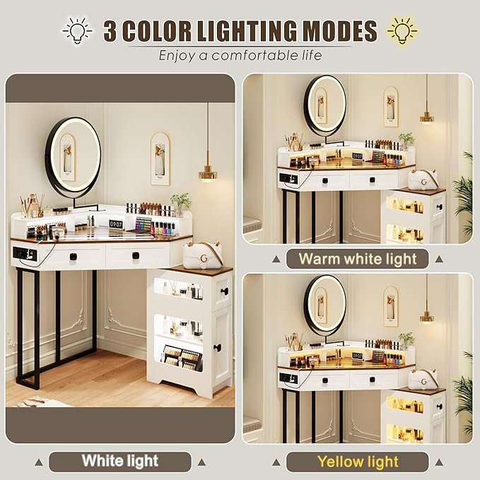 FREDEES Makeup Vanity with Mirror and Lights, Corner Vanity Table with Charging Station for Bedroom/Cloakroom, Glass Top Vanity Set with Drawers and Shelves, White