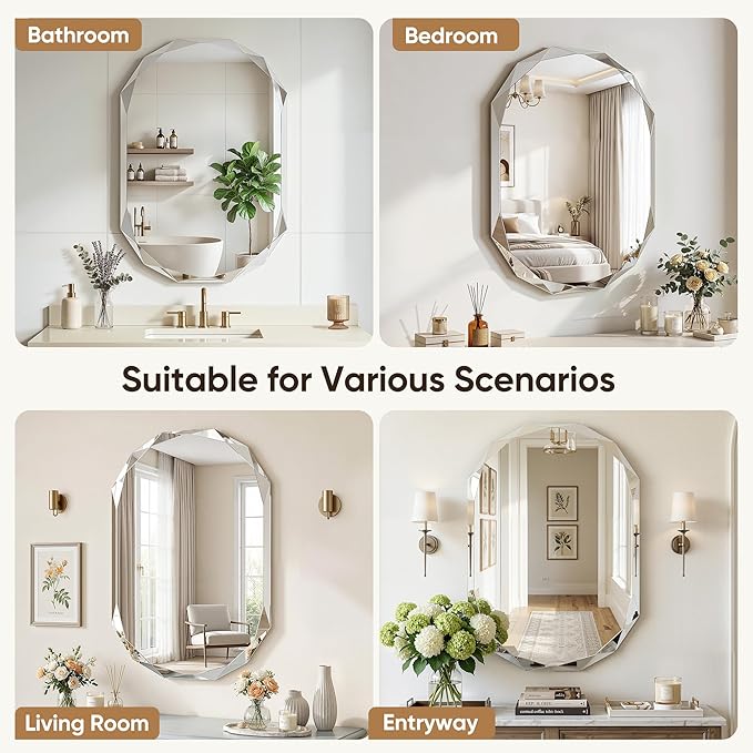 Suidia Bathroom Mirror, 26"x 38" Wall Mirror, Frameless Bathroom Mirror with Beveled Edge for Bedroom, Living Room, Entryway, Hallway, Oval Shape