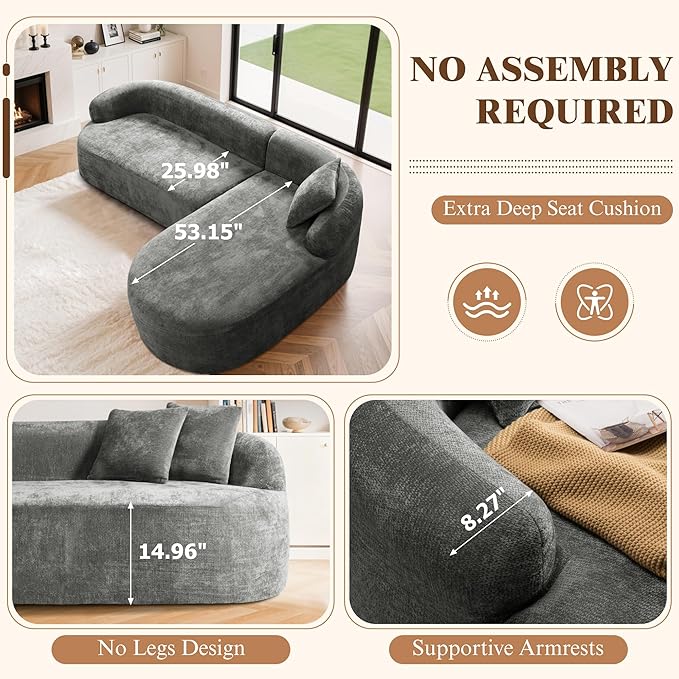 99" Curved Sectional Sofa with Chaise, Modern Boneless Couch with Deep Seat, L Shaped 3-Seater Cloud Couch for Living Room, No Assembly Needed, Chenille (Gray, Right Chaise+Left Sofa)