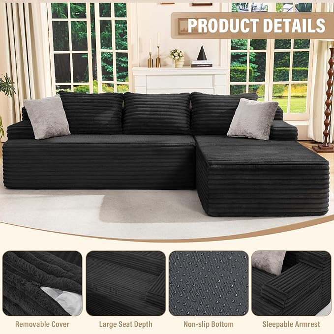 Hobestluk Modular Sectional Sofa Boneless Couch L-Shape Couch 3 Seat Modular Couch Memory Foam Sectional Couches for Living Room Furniture, Cloud Couch with Chaise Lounge (96" Right Facing Chaise)
