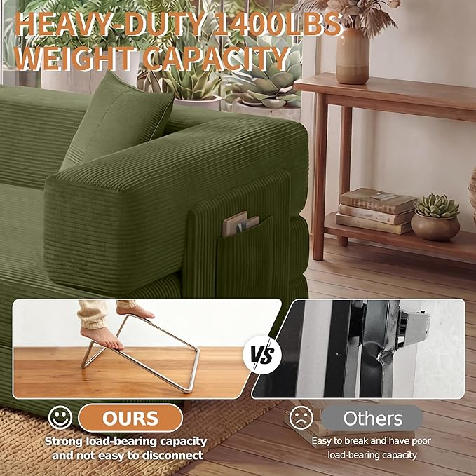 78.8" Convertible Sofa Bed with Armrest Pillow, 4-in-1 Sleeper Couch Bed for Livingroom, Modular Corduroy Boneless couches, No Assembly (Green)