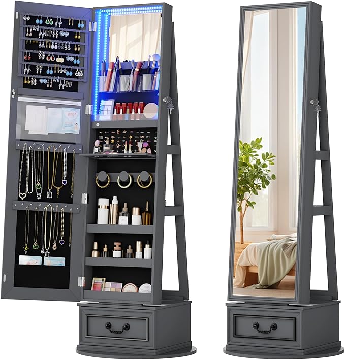 Vlsrka Mirror Jewelry Cabinet Standing, 360° Swivel Jewelry Armoire with Full Length Mirror, Lockable Mirror with Jewelry Storage, 3-Color LED Lights, Foldable Makeup Shelf, Grey