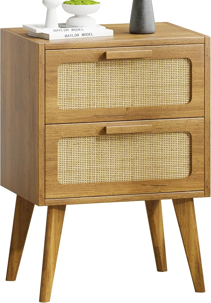 YAUKOMEL Rattan Nightstand, Wood End Table, Side Table with 2 Hand Made Rattan Decorated Drawers,Boho Bedside Table,Wood Accent Table with Storage for Livingroom, Bedroom, Toffee Wood CTG59T