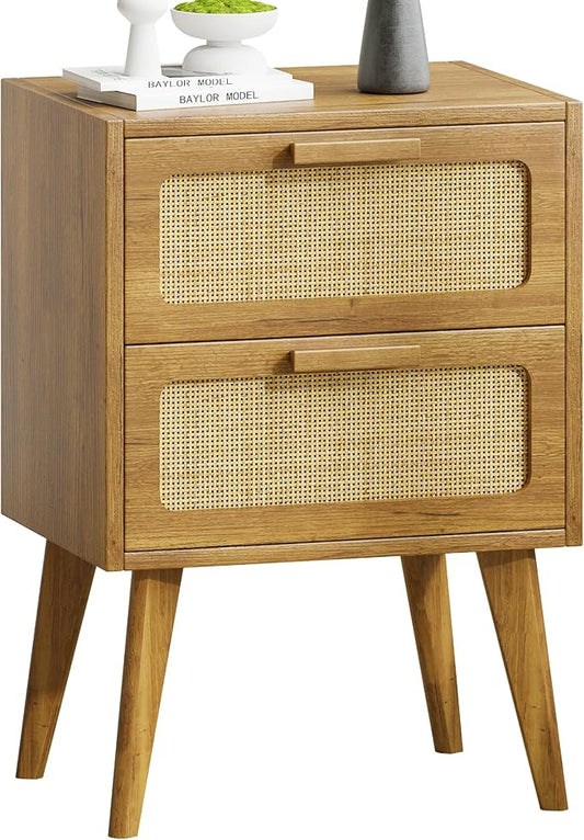 YAUKOMEL Rattan Nightstand, Wood End Table, Side Table with 2 Hand Made Rattan Decorated Drawers,Boho Bedside Table,Wood Accent Table with Storage for Livingroom, Bedroom, Toffee Wood CTG59T