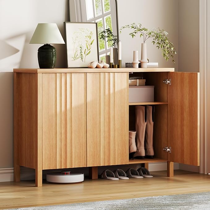 Vlsrka Shoe Cabinet with 3 Doors, Narrow Wooden Shoe Cabinet, Hidden Shoe Storage for Entryway, Foyer, Hallway (Brown)