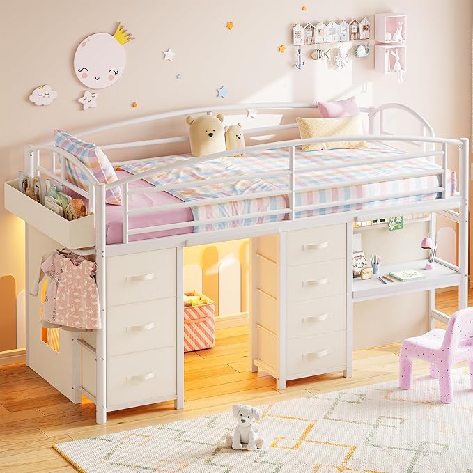 Twin Low Loft Bed with Desk, 7 Storage Drawers & LED Lights, Kids Metal Loft Bed with 12" H Safety Guardrail, Underbed Play Space & Curtain, Anti-Collision Pad (White)