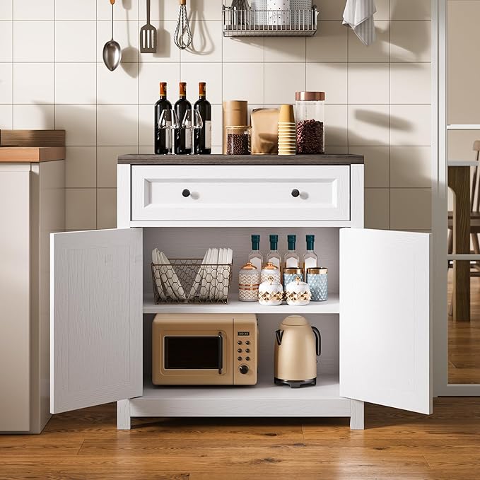 Gizoon Kitchen Storage Cabinet with Adjustable Shelf, Farmhouse Coffee Bar Sideboard Buffet with Large Drawer, Barn Door, 30"W x 15.6"D x 33.3"H Freestanding Cabinet for Kitchen, Living Room, Entryway