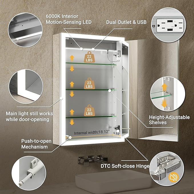 LED Medicine Cabinet, 20x32 Surface or Recessed Medicine Cabinet with Mirror and Light, 3 Color Dimmable Fog-free Lighted Medicine Cabinet with Outlet & Clock,Built-in Sensor Lamp,Right Hinge