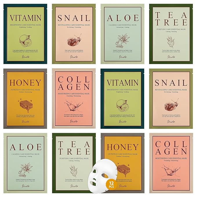 SHIONLE New Essential Sheet Mask 12 Packs | Made in Korea Face Mask | Premium Essence Facial Mask for Daily Skincare | Home Spa Self-care Treatment Hydrating Soothing For All Skin Types (6Type x 2ea)
