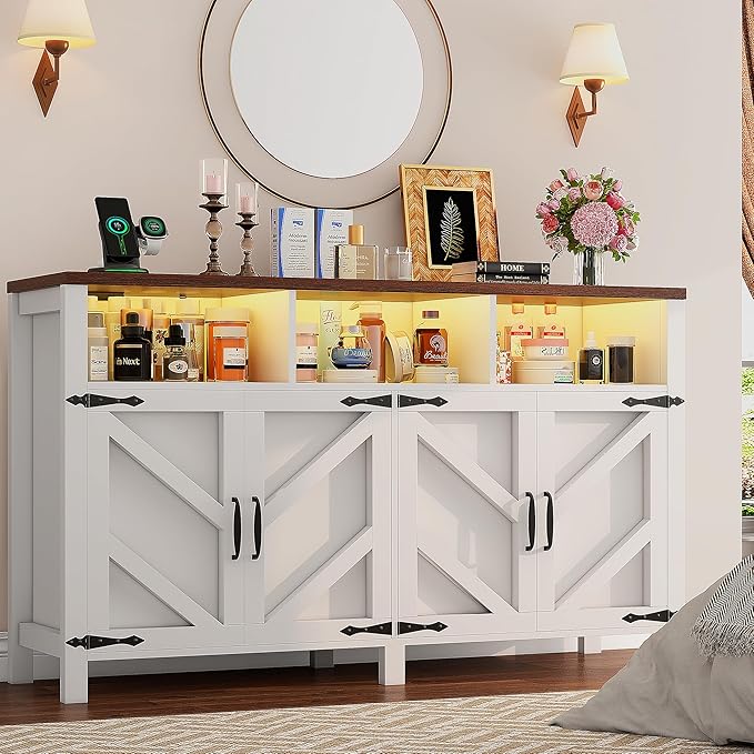 knoworld Buffet Sideboard with Storage with Power Outlets & LED Light 4 Doors, 55'' Large Farmhouse Kitchen Storage Cabinet Wood Coffee Bar Cabinet Buffet Table for Kitchen, Dining Room, Entryway