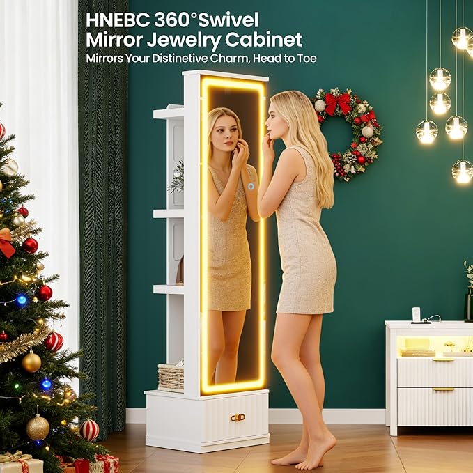 HNEBC LED Jewelry Cabinet Standing, Full Length Mirror with Storage/3 Color Adjustable LIghts, Jewelry Armoire has 3 Photo Frames/4 Shelfs/1 Drawer,Space-Saving Organizer,Gifts for Women