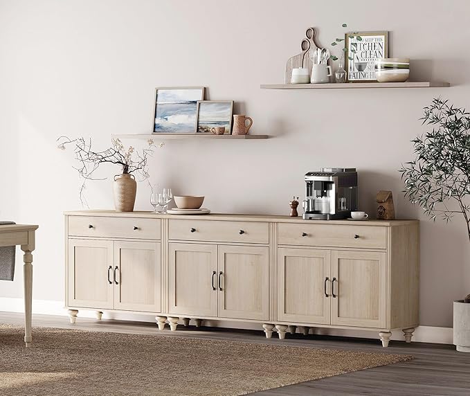 WAMAPT Buffet Cabinet with 6 Doors and 3 Drawers, Large Coffee Bar Table Wood Kitchen Storage Cabinets with Storage Cabinets, Modern Farmhouse Sideboard Credenza for Dining Room, Light Oak, 101 inch