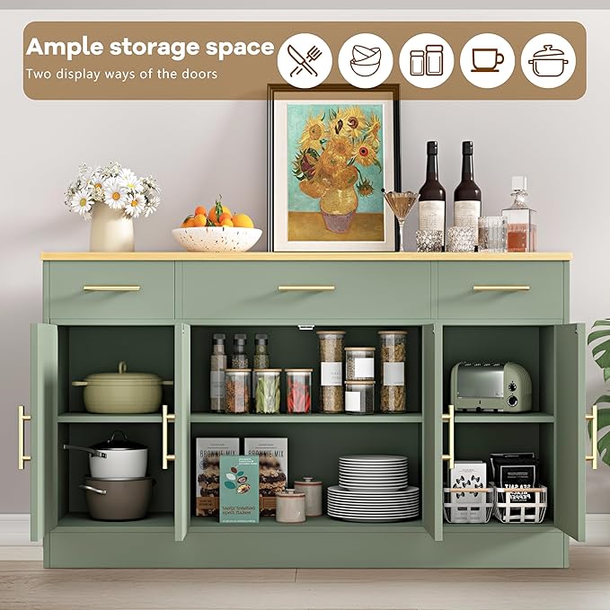 Vongrasig Buffet Cabinet with Storage, Farmhouse Coffee Bar Table with Drawers, 53” Large Modern Sideboard Buffet with Adjustable Shelves, Wood Buffet Table for Kitchen, Dining Room, Green