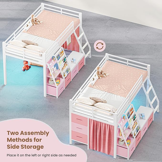MSmask Low Loft Bed with 7 Storage Drawers & Reading Nook, Kids Twin Loft Bed with Bookshelf, LED Lights & Safety Guardrail, Loft Bed Twin Size with 35.8''H Play Space, Inclined Ladder, White & Pink