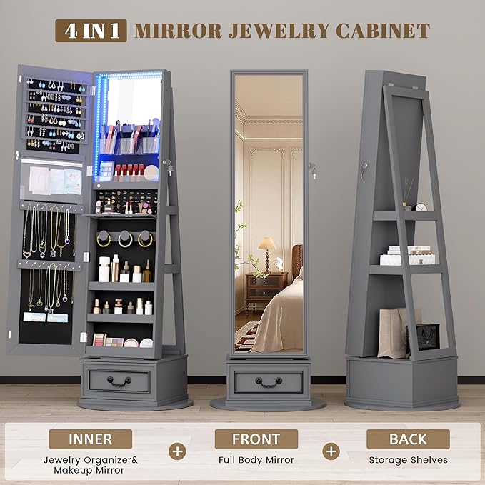 Vlsrka Mirror Jewelry Cabinet Standing, 360° Swivel Jewelry Armoire with Full Length Mirror, Lockable Mirror with Jewelry Storage, 3-Color LED Lights, Foldable Makeup Shelf, Grey