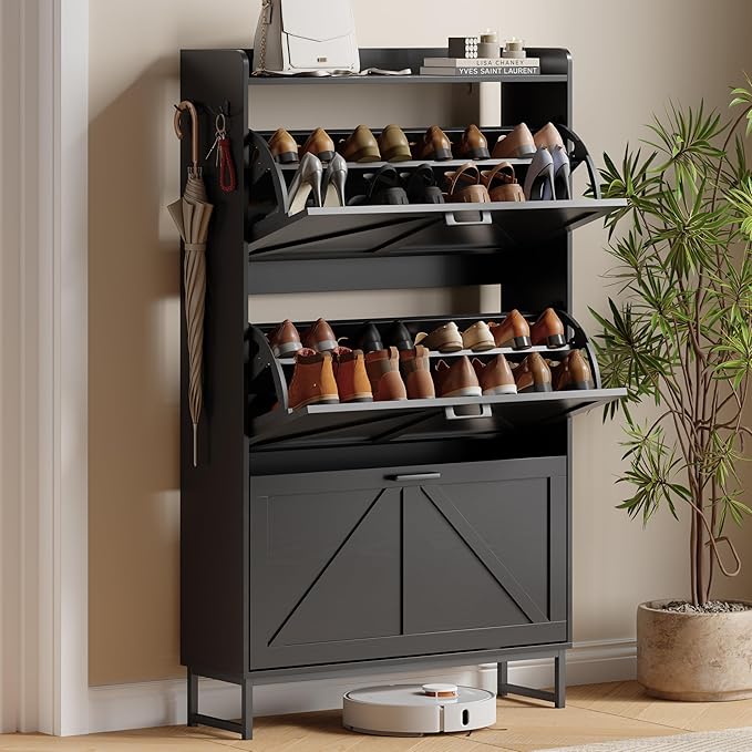 Shoe Cabinet with 3 Flip Drawers, Freestanding Hidden Shoe Storage Organizer for Entryway, Narrow Slim Shoe Rack Cabinet with Open Storage & Hooks for Front Door Entrance, Living Room, Hallway, Black