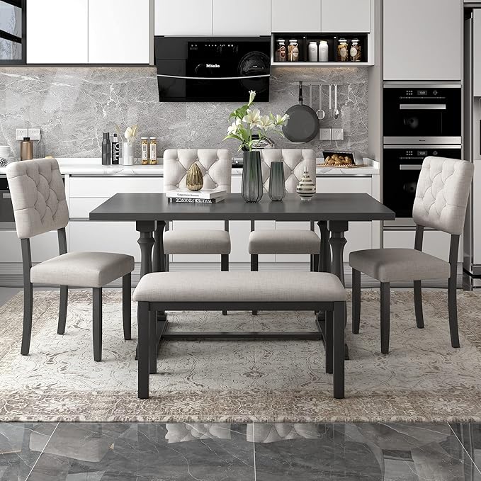 Harper & Bright Designs 6-Piece Dining Table and Chair Set with Special-Shaped Legs and Foam-Covered Seat Backs&Cushions for Dining Room (Gary)
