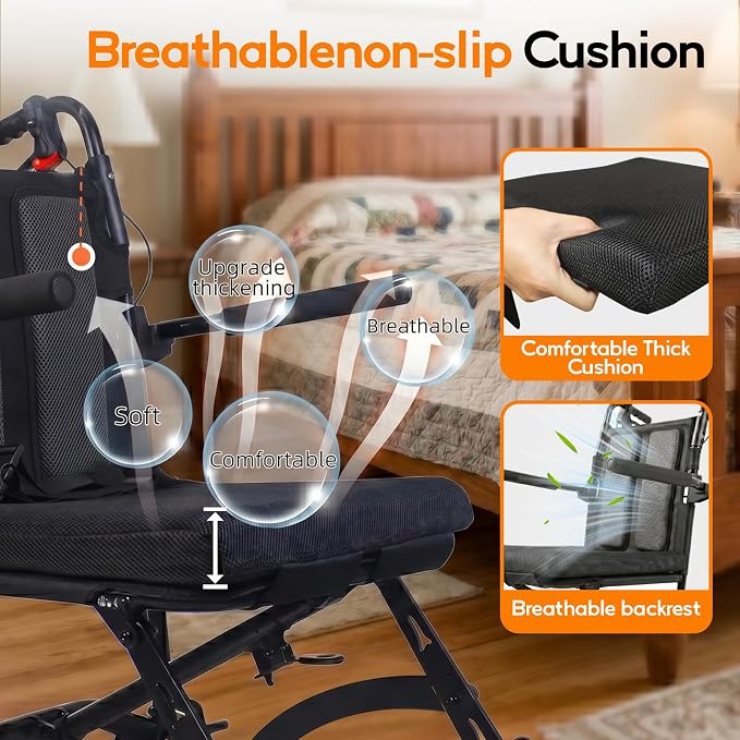 18LBS UIltra Lightweight Wheelchairs with Foldable Footrest and Armrests, Transport Wheelchair Lightweight Foldable with Handbrakes, Transport Chair for Adults Seniors Kid, 1s Quick Folding, Black