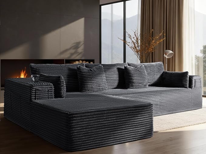 108" Oversized Cloud Sectional Couch, Comfort L Shaped Boneless Couch for Living Room, Extra Deep Seats No Assembly, Minimalist Modular Sofa, Corduroy (Dark Grey, 2 Seater+Left Facing Chaise)