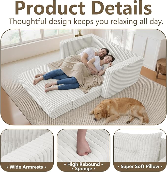 HABUTWAY 41.3" Loveseat Boneless Couch, 4-in-1 Convertible Sofa Bed, Plush Fur Folding Futon Sofa Bed Couches with a Pillow for Living Room, High-Density Foam Support, No Assembly Required, Beige