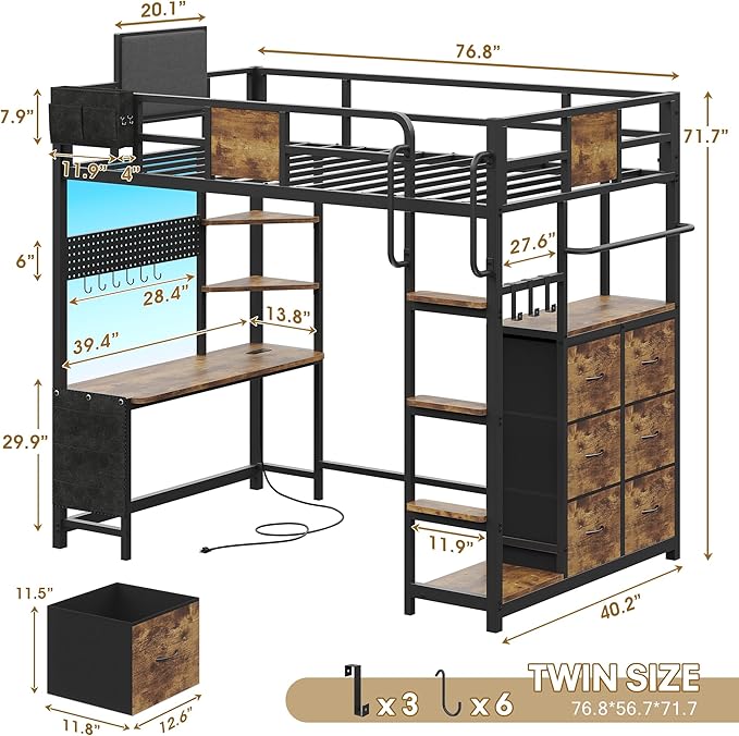 BYSAUD Loft Bed with Desk, Loft Bed Twin Size with 6 Storage Drawers & 4 Storage Shelves,Twin Loft Beds with LED Lights & Charging Station, Bunk Bed with Safety Guard, No Box Spring Needed, Brown