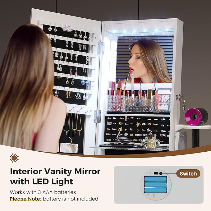 HWB Jewelry Storage Cabinet with LED Full-Length Mirror, 360° Swivel Standing Jewelry Organizers with Shelves & Drawer Storage, Jewelry Armoire with Remote Control Lights, White