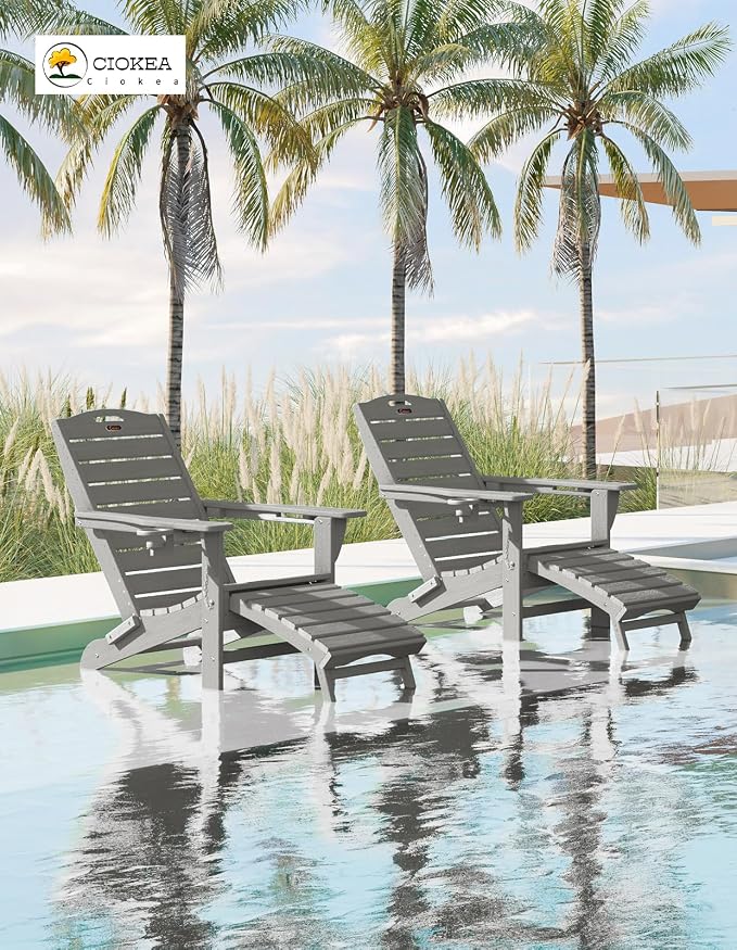 Ciokea Folding Adirondack Chair Set of 2 with Retractable Ottoman Fire Pit Patio Chair with Pull Out Foot Rest Weather Resistant Lawn Outdoor Chair with 2 Cup Holder (Gray)