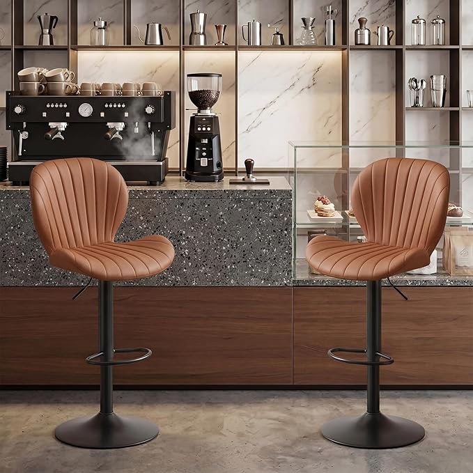 GRUSIGN Bar Stools Set of 2, Modern Swivel Adjustable Bar Chairs, Faux Leather Upholstered Counter Height Bar Stools with Backrest, Comfort Barstools for Kitchen Island, Home Bar, Brown