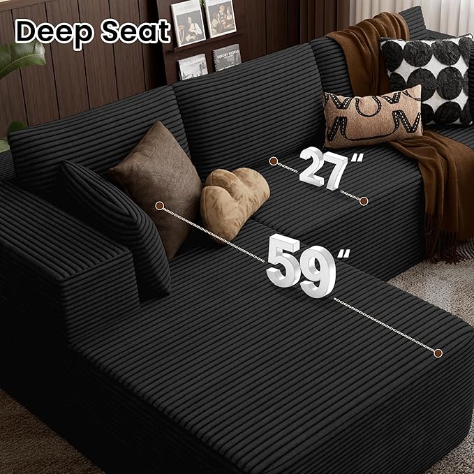 106" Cloud Sectional Boneless Couches for Living Room, Modular L Shaped Couch with Deep Seat Oversized Right Facing Chaise, Memory Foam Compressed Spineless 3 Seater Sofa for Apartment, Black
