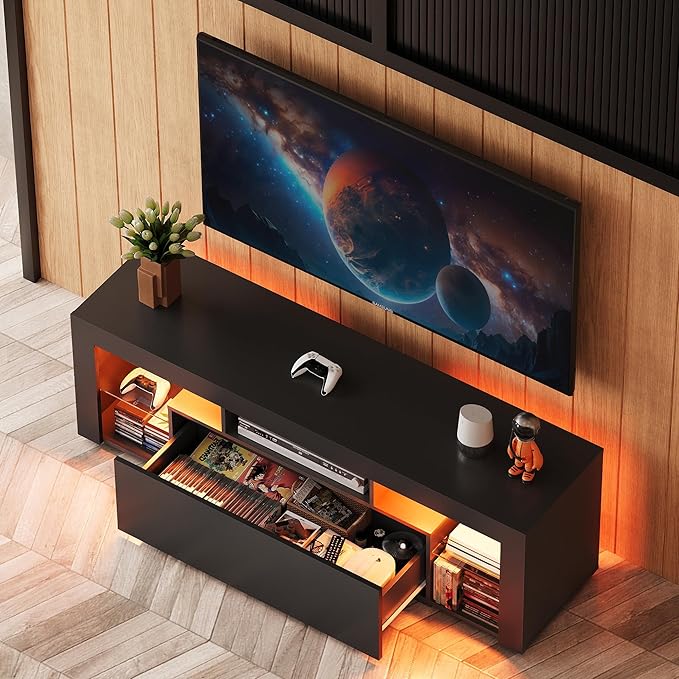 WLIVE TV Stand with LED Lights & 2 Large Storage Drawers, Modern Entertainment Center for 32/43/50/55/60 Inchs TVs, Sturdy TV Console for Living Room, Bedroom(Black)