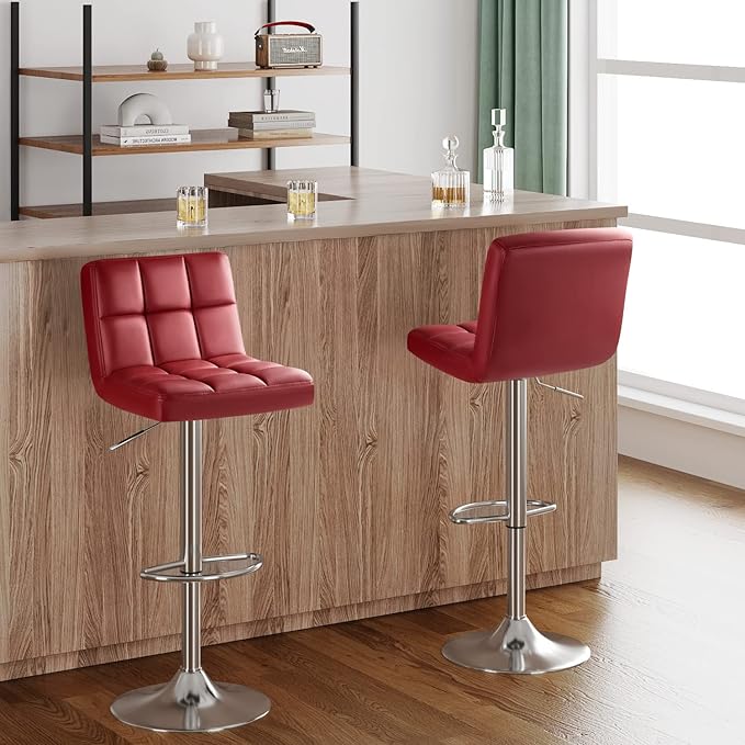 Furmax Bar Stools Modern Pu Leather Swivel Adjustable Hydraulic Bar Stool Square Counter Height Stool Set of 2 (Wine Red)