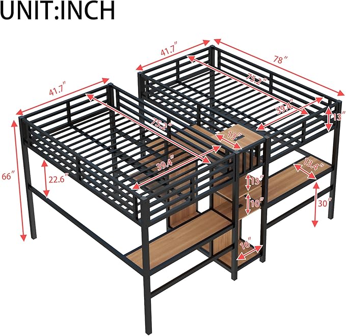 Harper & Bright Designs Twin Over Twin Loft Bed with Desk and Shelves, Metal Loft Bed with Wardrobe and Charging Station for Kids Teens, Space Saving, Noise Reduction, Black+Nature