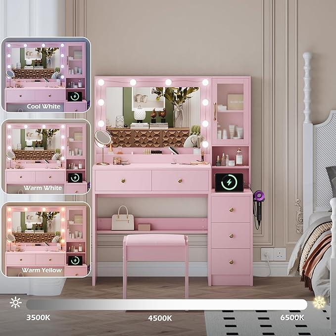 TOKSOM Makeup Vanity with Lights & Charging Station, Pink Vanity Table with 5 Drawers & Open Storage Shelves, Bedroom Makeup Dressing Table Set for Women Girls Round Handles