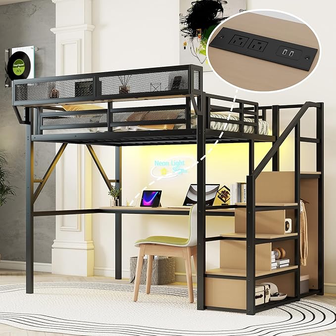 KEIKI Full Size Metal Loft Bed Frame with Desk, Staircase, Built-in Storage Shelves and Wardrobe, Modern Loft Bed with Solid Slats, Guardrail, No Box Spring Required, Easy Assembly, for Bedroom, Black