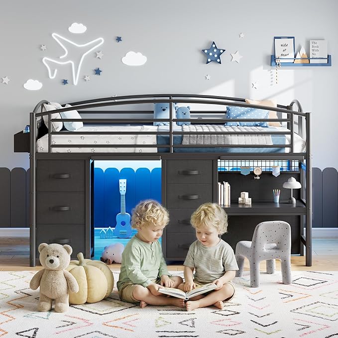 Twin Low Loft Bed with Desk, 7 Storage Drawers & LED Lights, Kids Metal Loft Bed with 13.8" H Safety Guardrail, Underbed Play Space & Curtain, Anti-Collision Pad (Black)