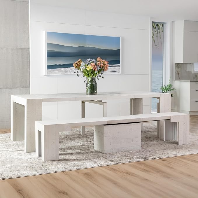 Transformer Table - Solid Wood Extendable Dining Table, Seats 2-12, Expandable Dining Room Table, Space-Saving Furniture, Kitchen and Dining Room Furniture (White, Table + Bench)