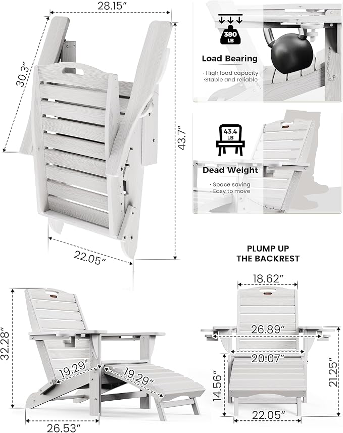 Ciokea Folding Adirondack Chair with Retractable Ottoman Fire Pit Patio Chair with Pull Out Foot Rest Weather Resistant Lawn Outdoor Lounge Chair with 2 Cup Holder (White)