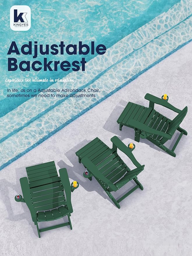 KINGYES Folding Adjustable Adirondack Chair with Retractable Ottoman Set of 4, HDPE Adirondack Recliner Chair with Footrest, Green