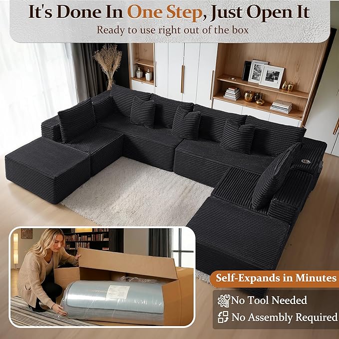 138" Cloud Sectional Couch, Comfort U Shaped Sofa for Living Room, Extra Deep Seats No Assembly, Minimalist Modular Couch, Corduroy (Black, 8 Seats,U-Shape A)