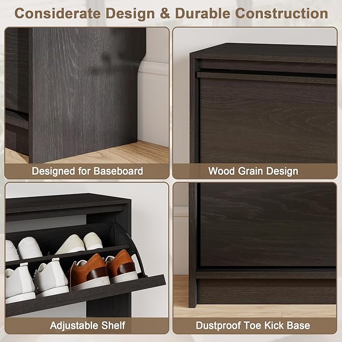 Shoe Cabinet with 3 Flip Drawers, 23.62" W Narrow Shoe Storage Cabinet for Entryway, Slim Shoe Organizer with Adjustable Shelves, Freestanding Shoe Rack for Hallway, Living Room, Black