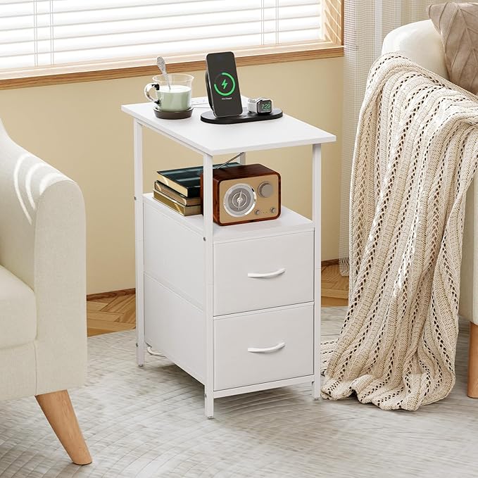Somdot End Table Set of 2 with Charging Station, Narrow Side Table with 2 Fabric Drawers, Skinny Nightstand with Storage, Small Slim Bedside Table for Living Room, Sofa, Bedroom, Couch, White