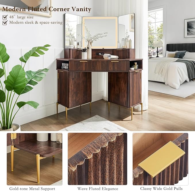 T4TREAM 48" Fluted Makeup Vanity Desk with HD Triple Mirror and Lights, Large Lighted Corner Vanity with Glass Top, Modern Dressing Table with 3 Drawers & 2 Cabinets for Bedroom, Dark Walnut
