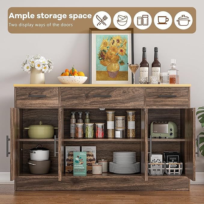 Vongrasig Buffet Cabinet with Drawers, 53” Large Sideboard Buffet Kitchen Storage Cabinet, Modern Farmhouse Coffee Bar with Shelves and Doors, Wood Buffet Table for Kitchen, Dining Room, Rustic Brown