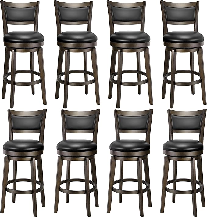 PrimeZone Swivel Bar Stools Set of 8, 26 Inch Counter Height Barstools, Black Faux Leather Bar Stool with High Backrest & Solid Wood Legs & Wrap-around Footrest, Counter Stools for Kitchen Island, Pub