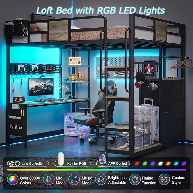 BYSAUD Full Size Loft Bed, Loft Bed with Desk, Full Loft Bed, 6 Storage Drawers & 4 Storage Shelves & 2 Storage Bags, LED Lights & Charging Station, Safety Guard & Ladder, Noise Free, Oak Gray